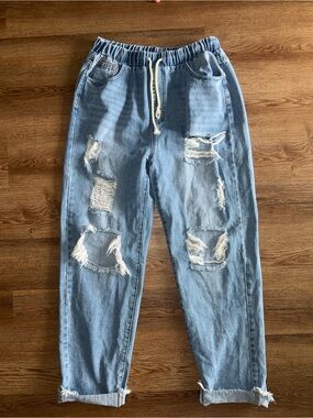 Light Blue Distressed Drawstring Mom Jeans